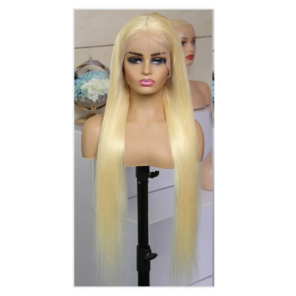 Unisex 26 Inch Blonde Brazilian Human Hair Lace Front Wig 5X5 Transparent Glueless Natural Hairline
