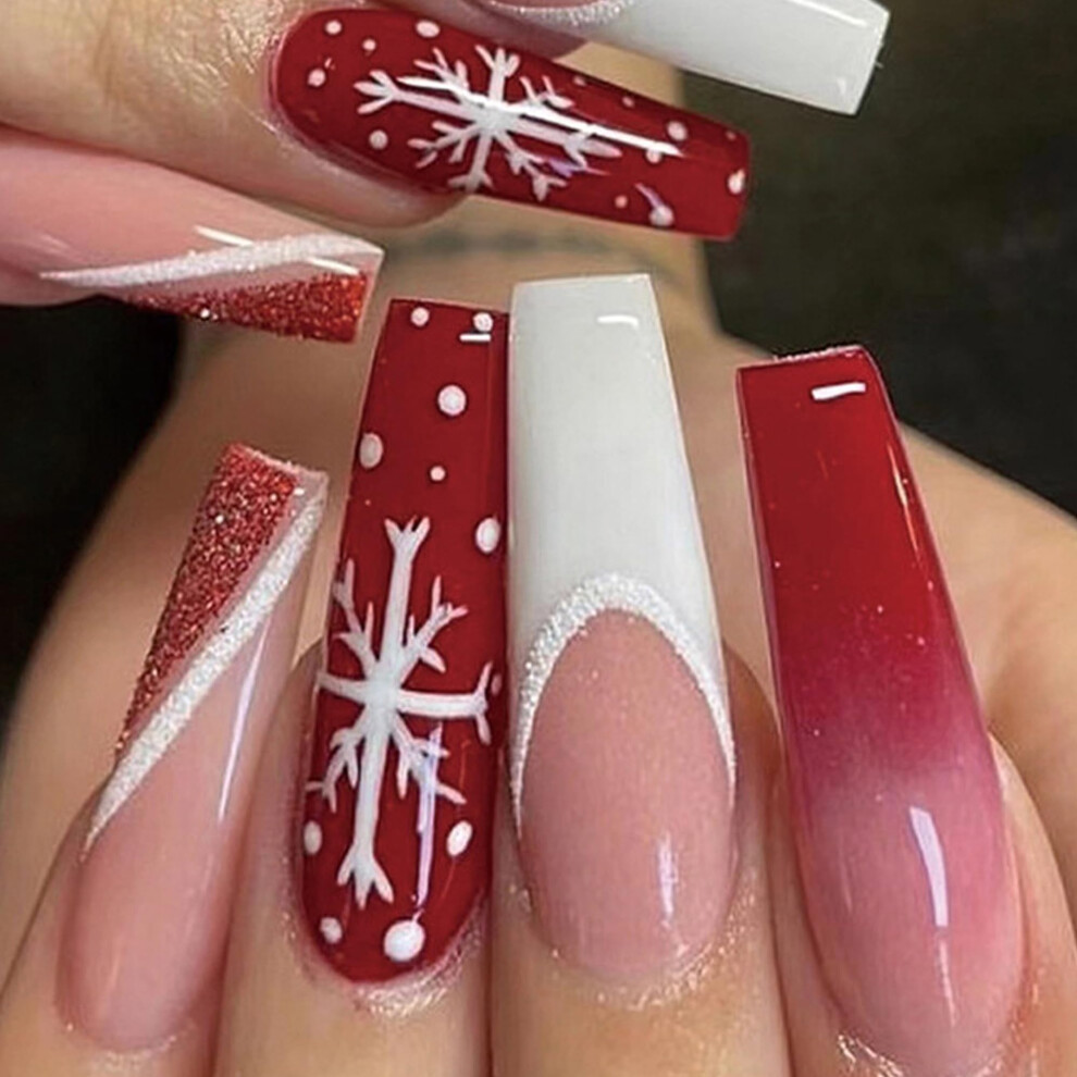 Christmas Press on Nails French Tip Gloss Gel Reusable Fake Nails with Snowflake Stripe Design 24pcs