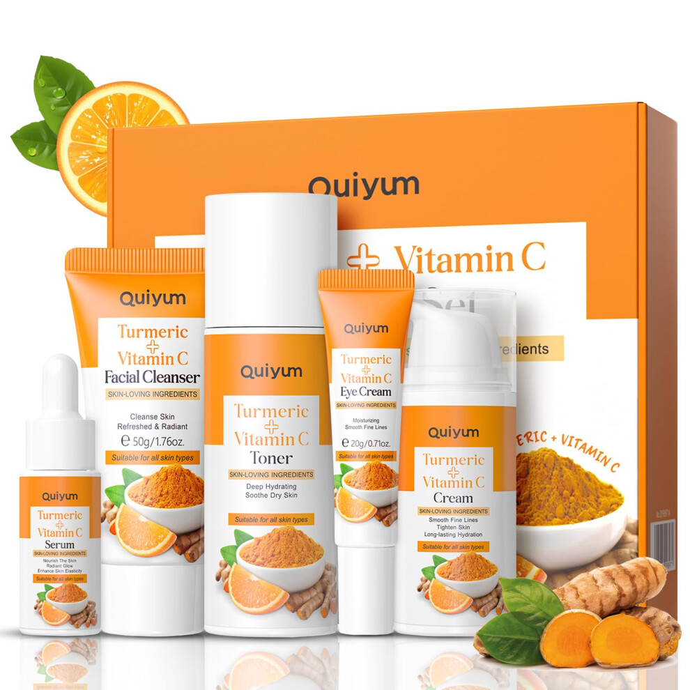 Turmeric Skincare Set with Vitamin C and Hyaluronic Acid, 5Step Brightening and Hydrating Kit for Women