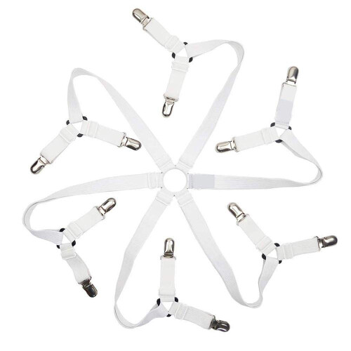 Adjustable Bed Sheet Straps with SixDirection Grip and FabricSafe Clips for Secure Fit, White