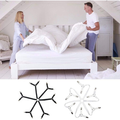 Adjustable Bed Sheet Straps with SixDirection Grip and FabricSafe Clips for Secure Fit, White 1