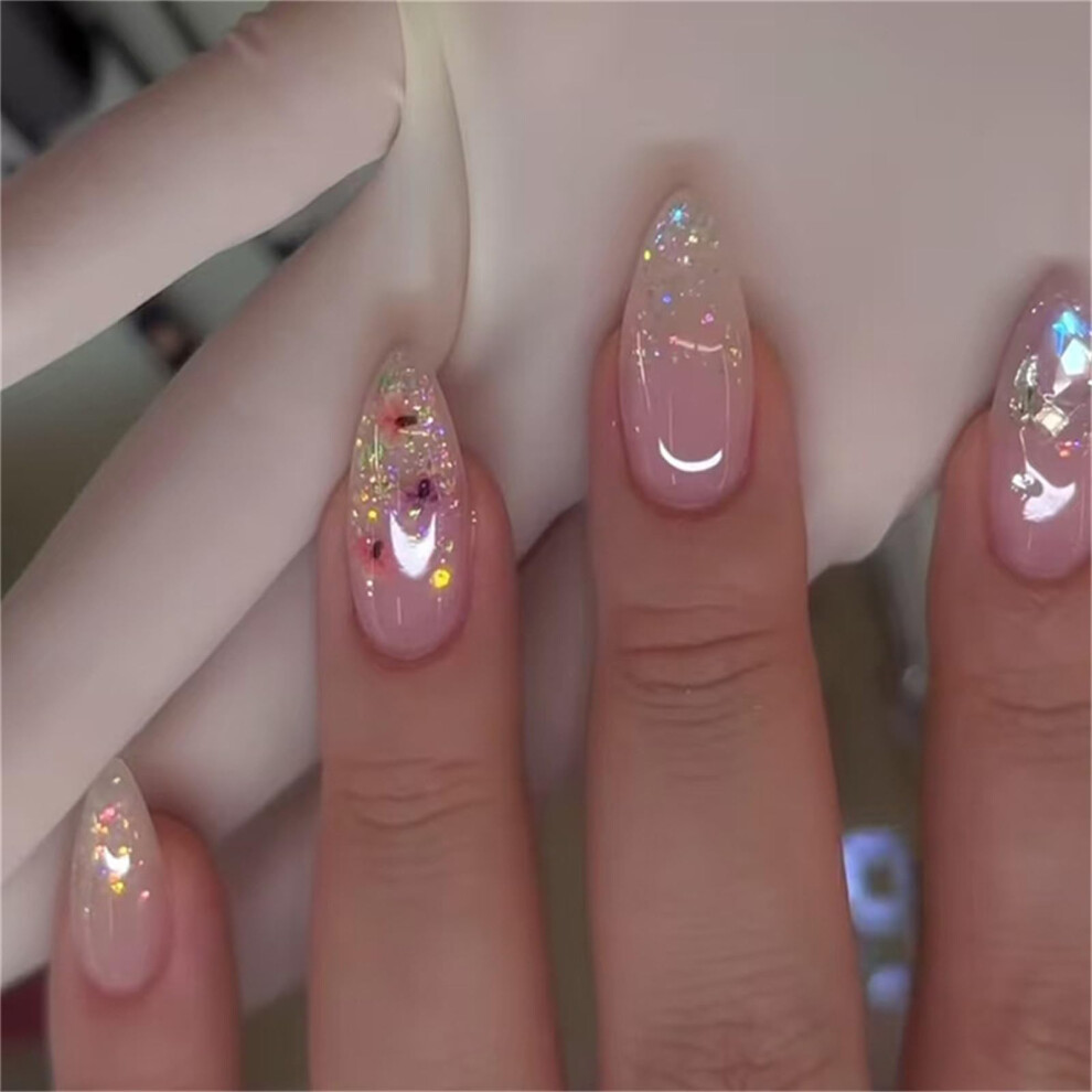 Short Almond Press On Fake Nails Elegant Floral French Sparkling Manicure 24pcs for Women Girls