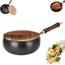 Hand Forged Cast Iron Skillet 26cm with Wooden Handle, Natural NonStick Wok for All Stovetops