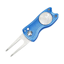 Golf Divot Tool with Magnetic Ball Marker Switchblade Pitchfork Groove Cleaner Blue