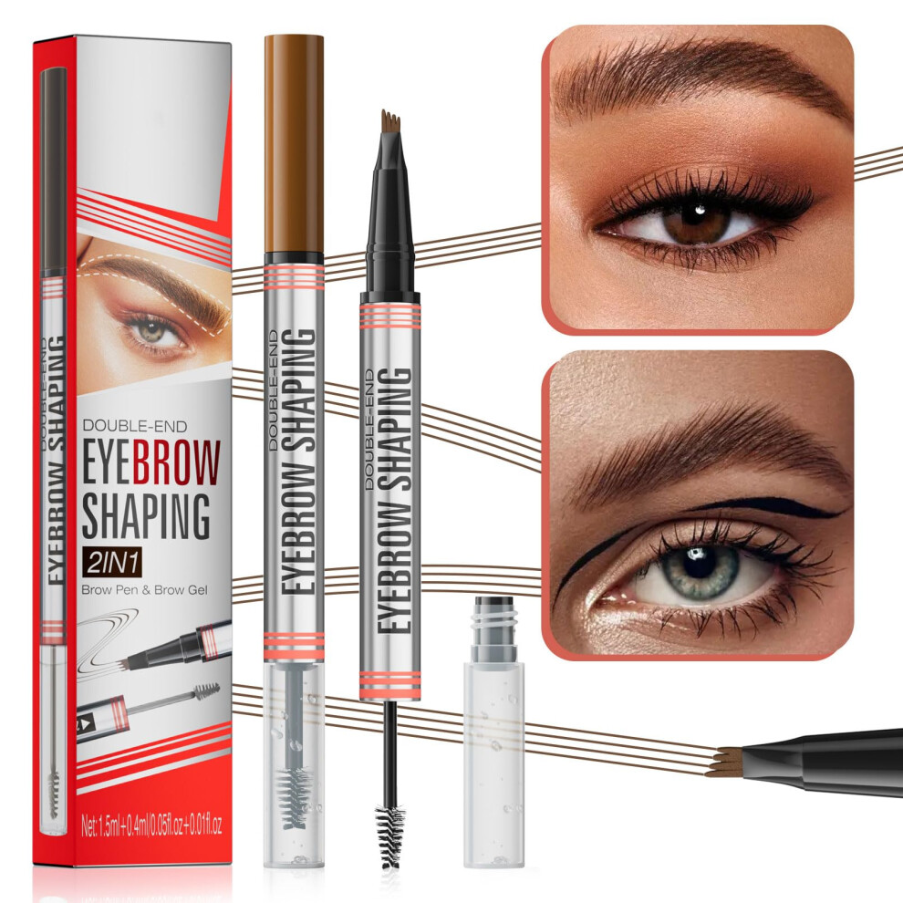 Brown 2 Pieces Waterproof Microblading Eyebrow Pencil Light 2In1 With Brow Gel 4Fork Tip