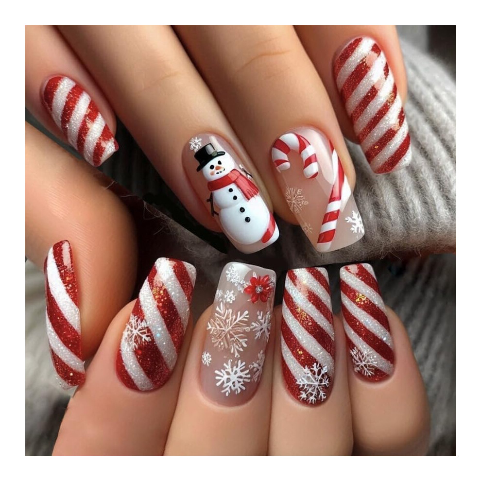Christmas Long Coffin Press On Nails with Snowflake Candy Stripe Designs, Glossy Acrylic 24PCS