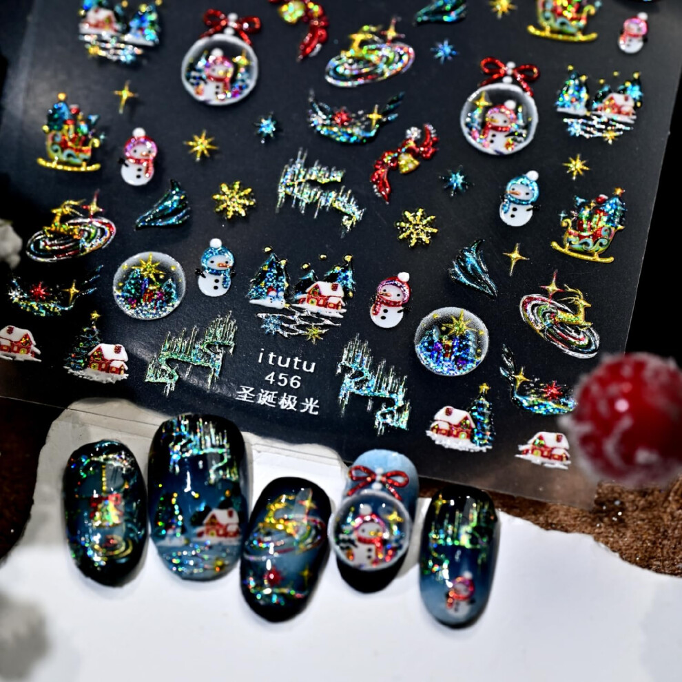 Christmas Nail Stickers 5D Embossed Aurora Decals Winter Holiday Snowflake Snowman Xmas Tree