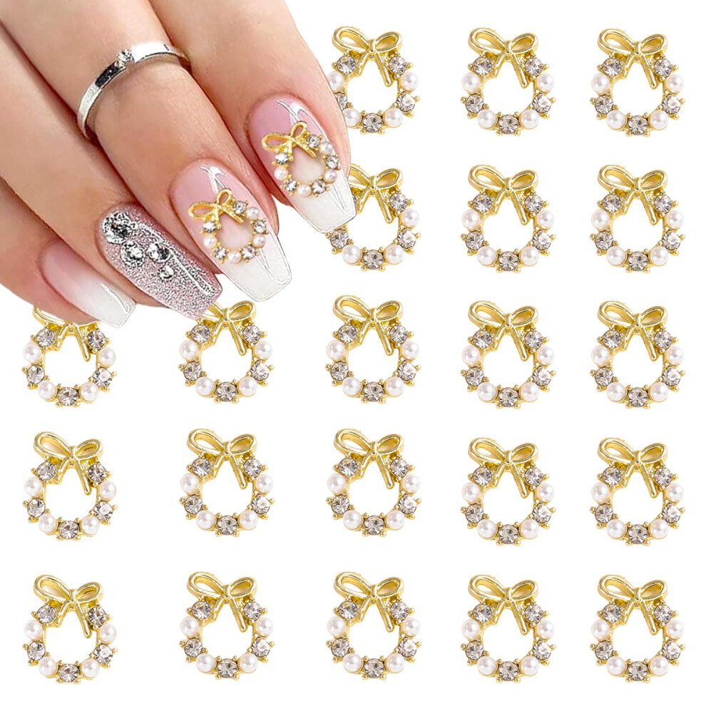 Gold Christmas Wreath Nail Charms Set 30Pcs 3D Alloy Rhinestone Decorations For Festive Manicure