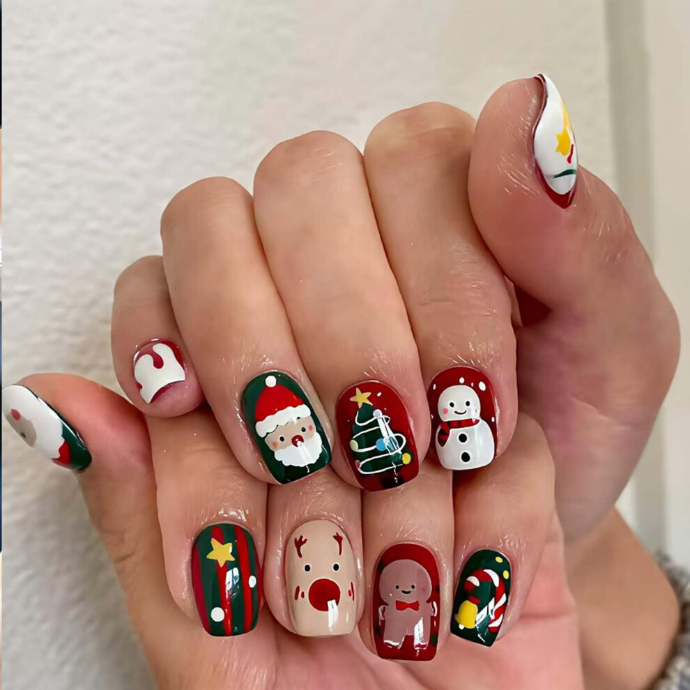 Christmas Press On Nails Set 24pcs Short Square Acrylic Tips Santa Snowman Elk Xmas Tree