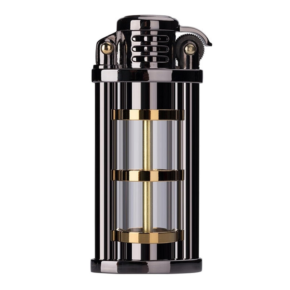 Black Oldfashioned Grinding Wheel Kerosene Windproof Lighter Refillable Fuel, Seethrough Oil Tank, Camping Gift