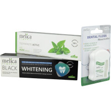 MELICA ORGANIC NATÜRLICHE Zahnaufhellende Zahnpasta und Zahnseide Set Aktivkohle/Minze