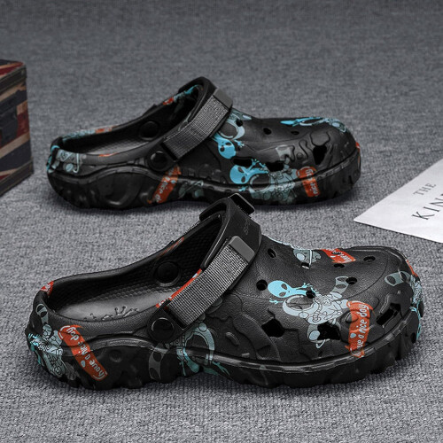 Men's Waterproof Garden Clogs with Bold Skull Print, AntiSlip Sole, Adjustable Strap, Size 10 Black 1
