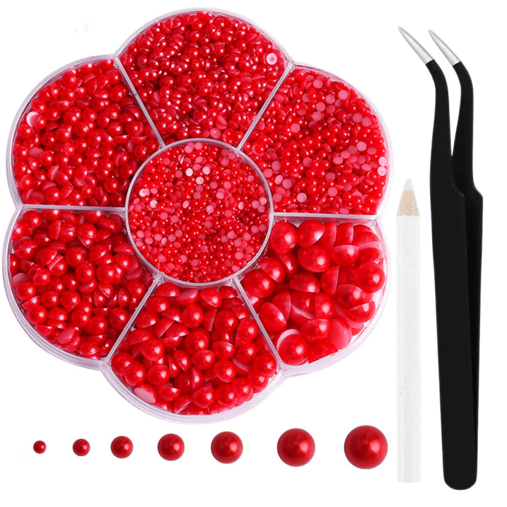 Red Nail Art Pearls Half Round Flatback Resin Multisize Kit For Crafts And Decorations 6000Pcs