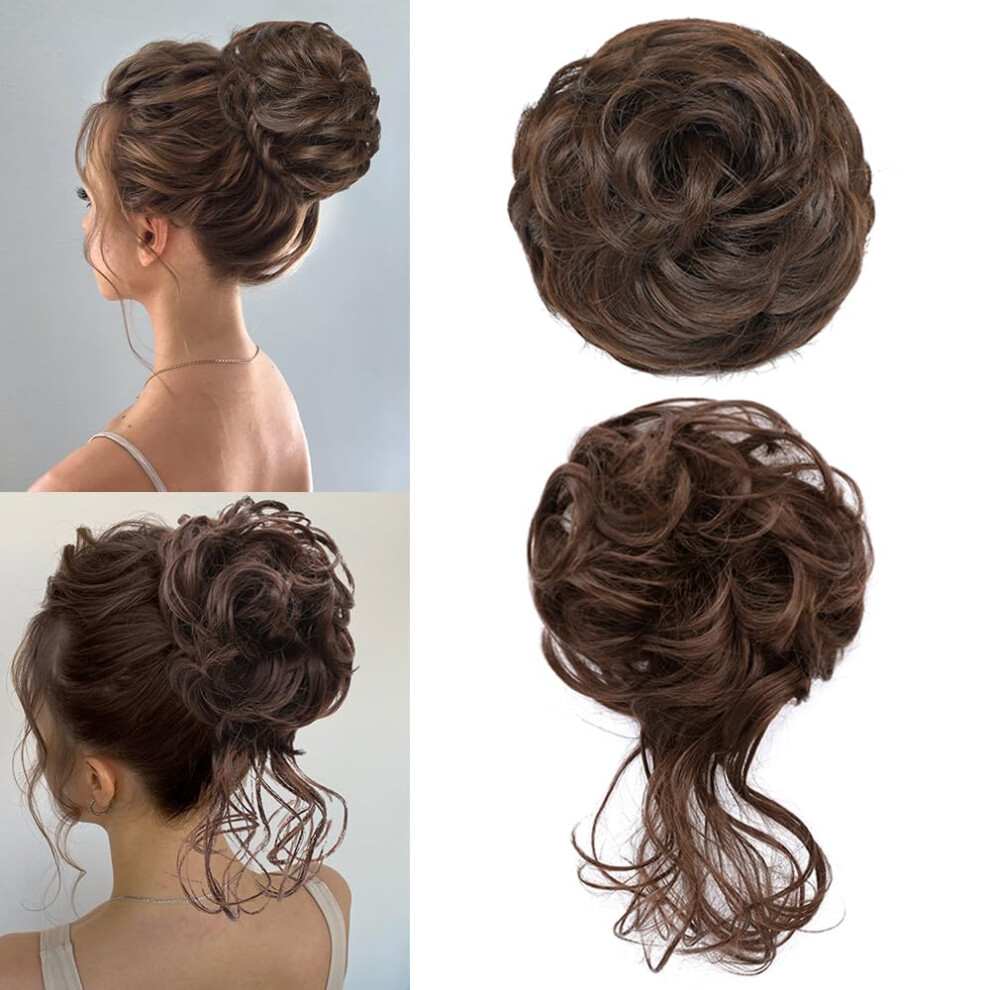 2PCS Messy Bun Hair Piece for Women Wavy Curly Synthetic Hair Bun Bronze Brown Extension