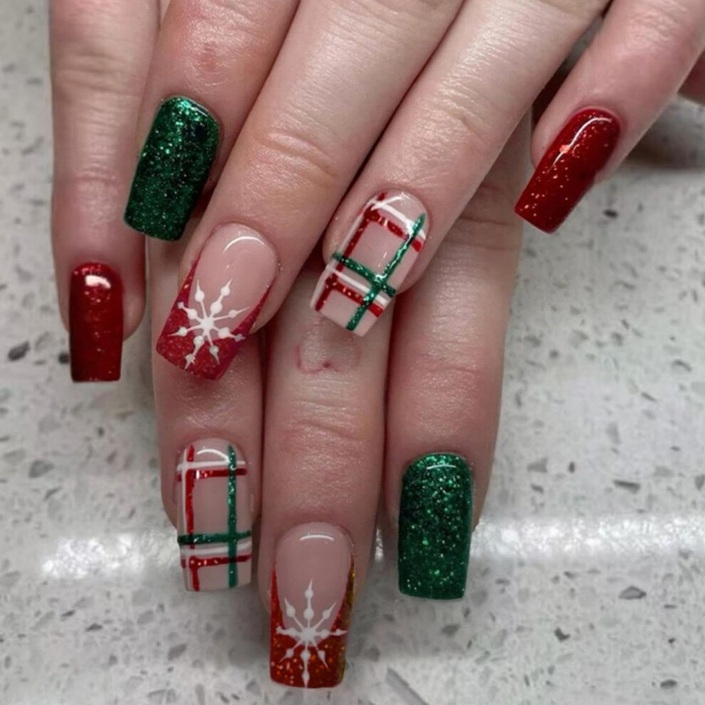 Christmas Press on Nails with Snowflake Design, Glossy Red Green Glitter, Reusable 24pcs Set