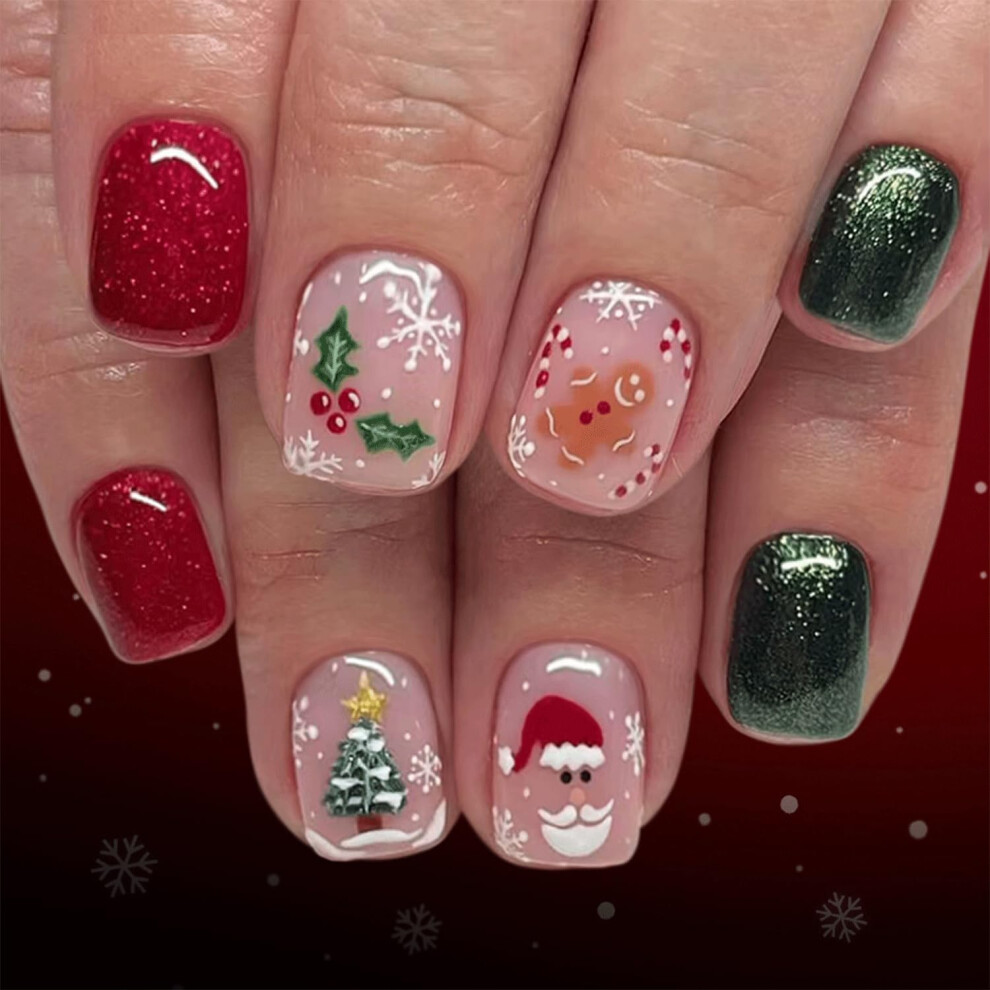 Red Christmas Press On Nails With Snowflake And Xmas Tree, 24Pcs Short Square Holiday Fake Nails