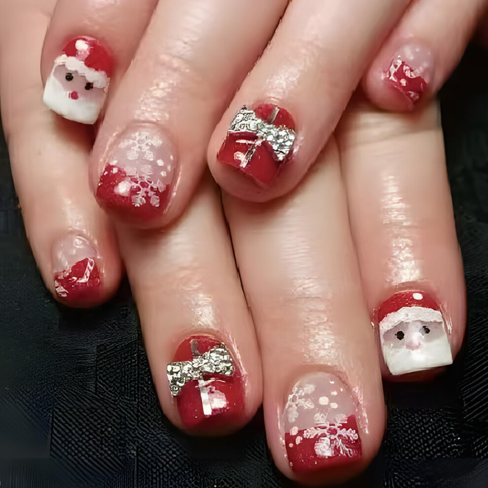 Christmas Press On Nails Short French Tip Red Holiday Fake Nails Snowflake Santa Design 24pcs