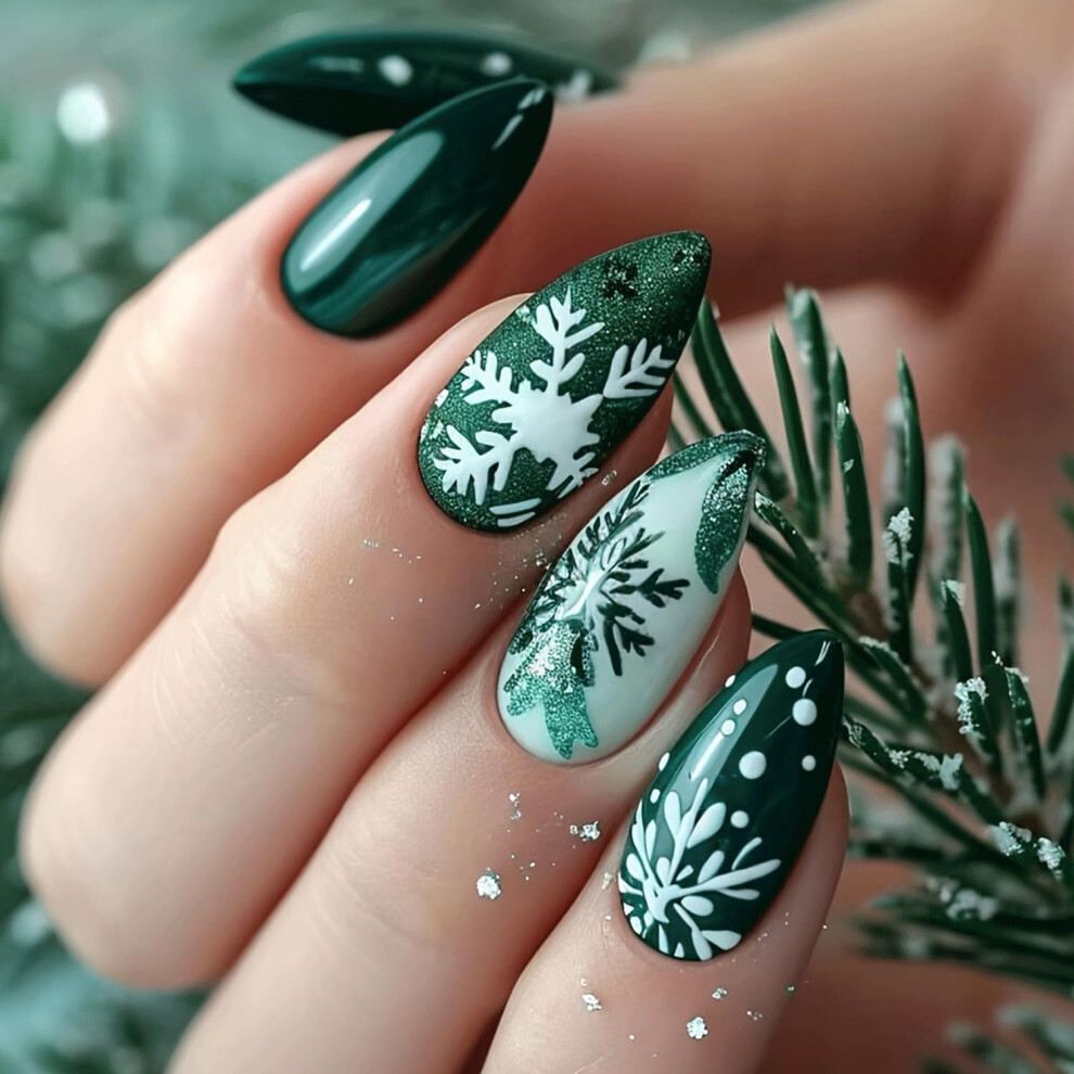 Green Christmas Glitter Press On Nails Medium Almond Fake Nails With Snowflake Design 24Pcs