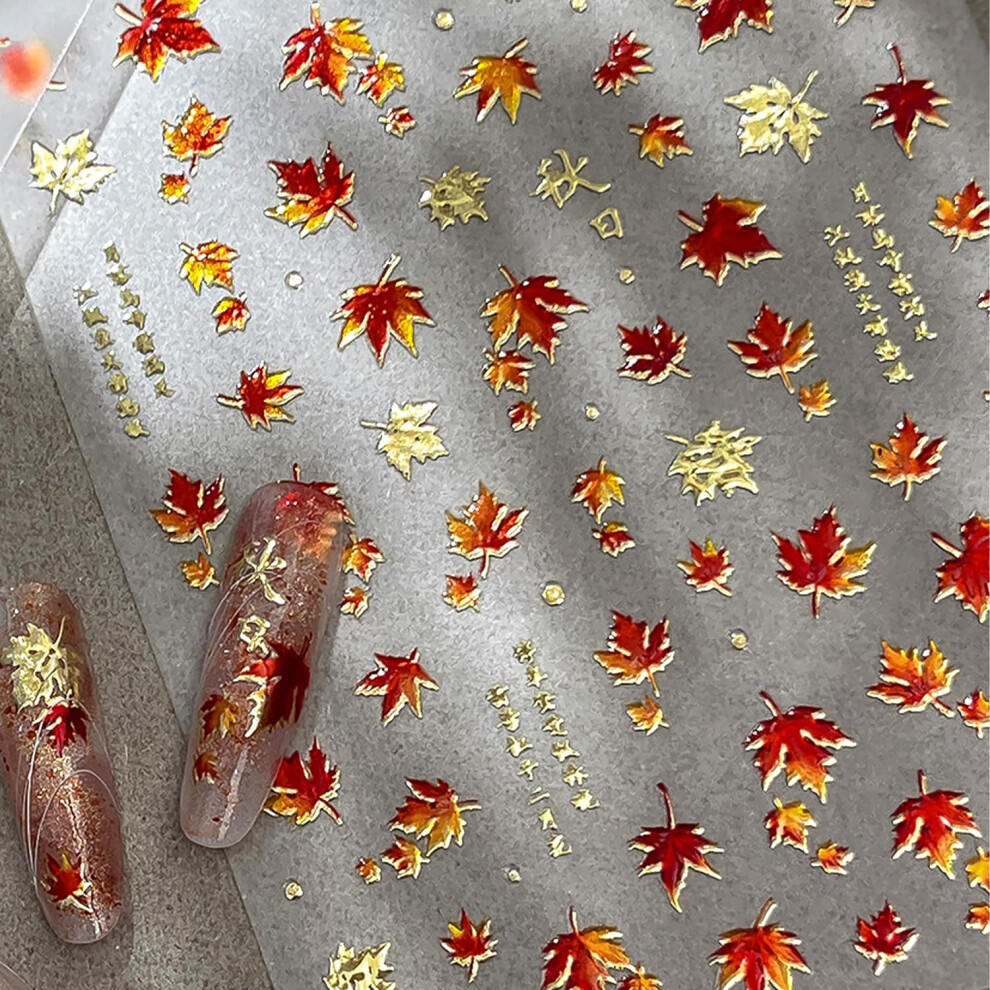 Gold/Red 5D Embossed Fall Nail Stickers With And Maple Leaf Patterns, Selfadhesive Thanksgiving Nail Art Decals