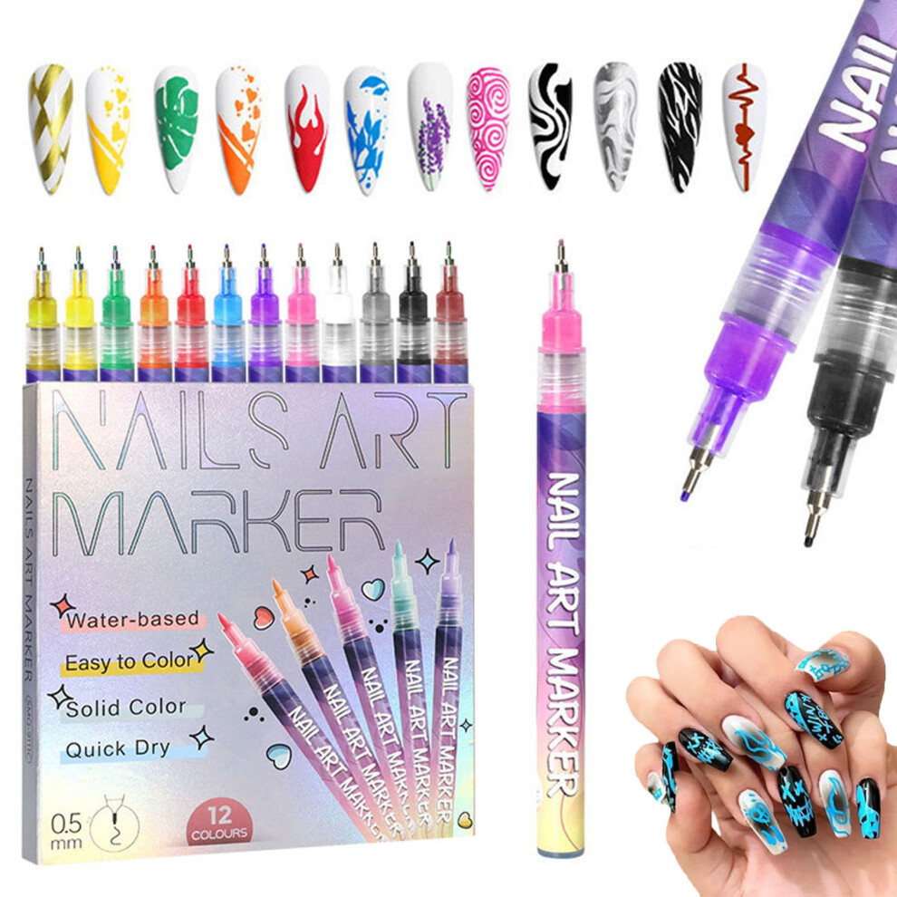 12 Colors Gel Nail Art Pens Set with 0.5mm Fine Tip, Vibrant Waterproof QuickDry Markers for DIY 3D Nails