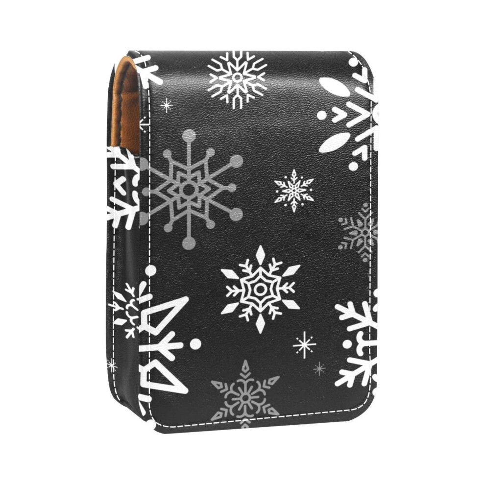 White Leather Lipstick Case With Mirror For Purse, Compact Travel Holder, Snowflake Design