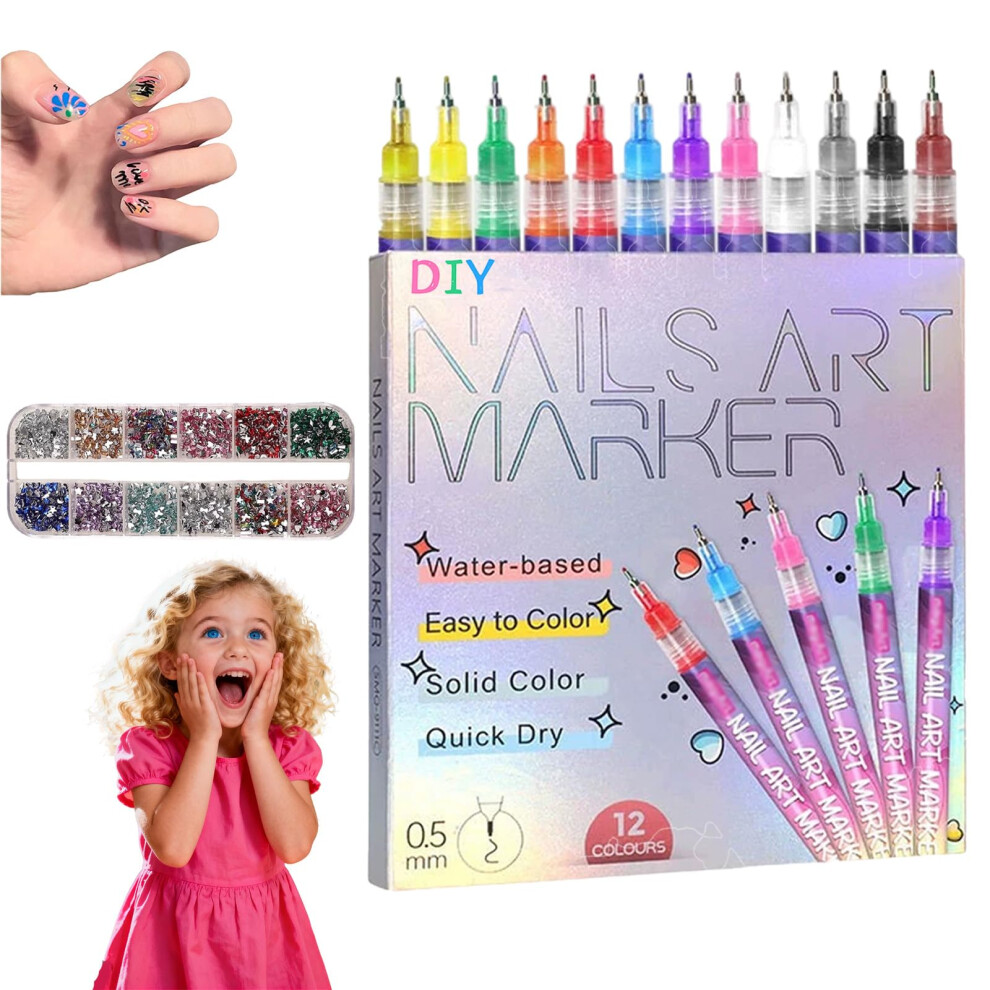 12 Colors Nail Art Pens Set with Quick Dry Formula and 0.5mm Fine Tip Markers for DIY Drawing