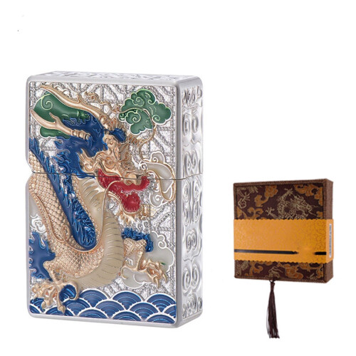 Kerosene Lighter Dragon Engraved Double Sided Alloy Armor Silver Windproof Gift Collection
