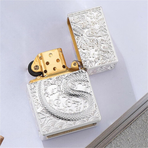 Kerosene Lighter Dragon Engraved Double Sided Alloy Armor Silver Windproof Gift Collection 2