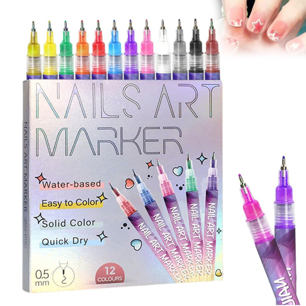12 Colors Nail Art Pens Set with 0.5mm Fine Tip, QuickDry Waterproof Markers for Manicure Design