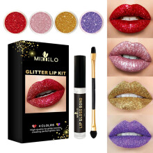 Glitter Lip Kit with Primer and Brush, Waterproof Diamond Shine Lip Powder, Long Lasting NonStick Cup