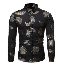 (S,Black)Men Shiny Slim Fit Floral Print Shirts