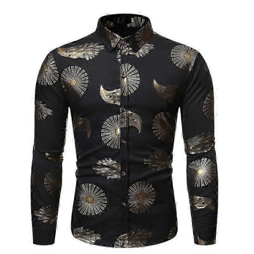 (S,Black)Men Shiny Slim Fit Floral Print Shirts