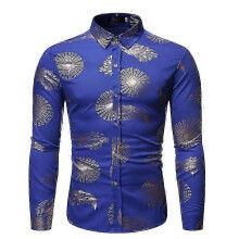 (S,Royal Blue)Men Shiny Slim Fit Floral Print Shirts