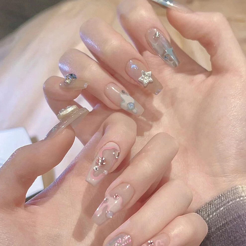 Pink,White Long Coffin Press On Nails With Glue Glossy Pink Ombre And White Rhinestone Design 24Pcs