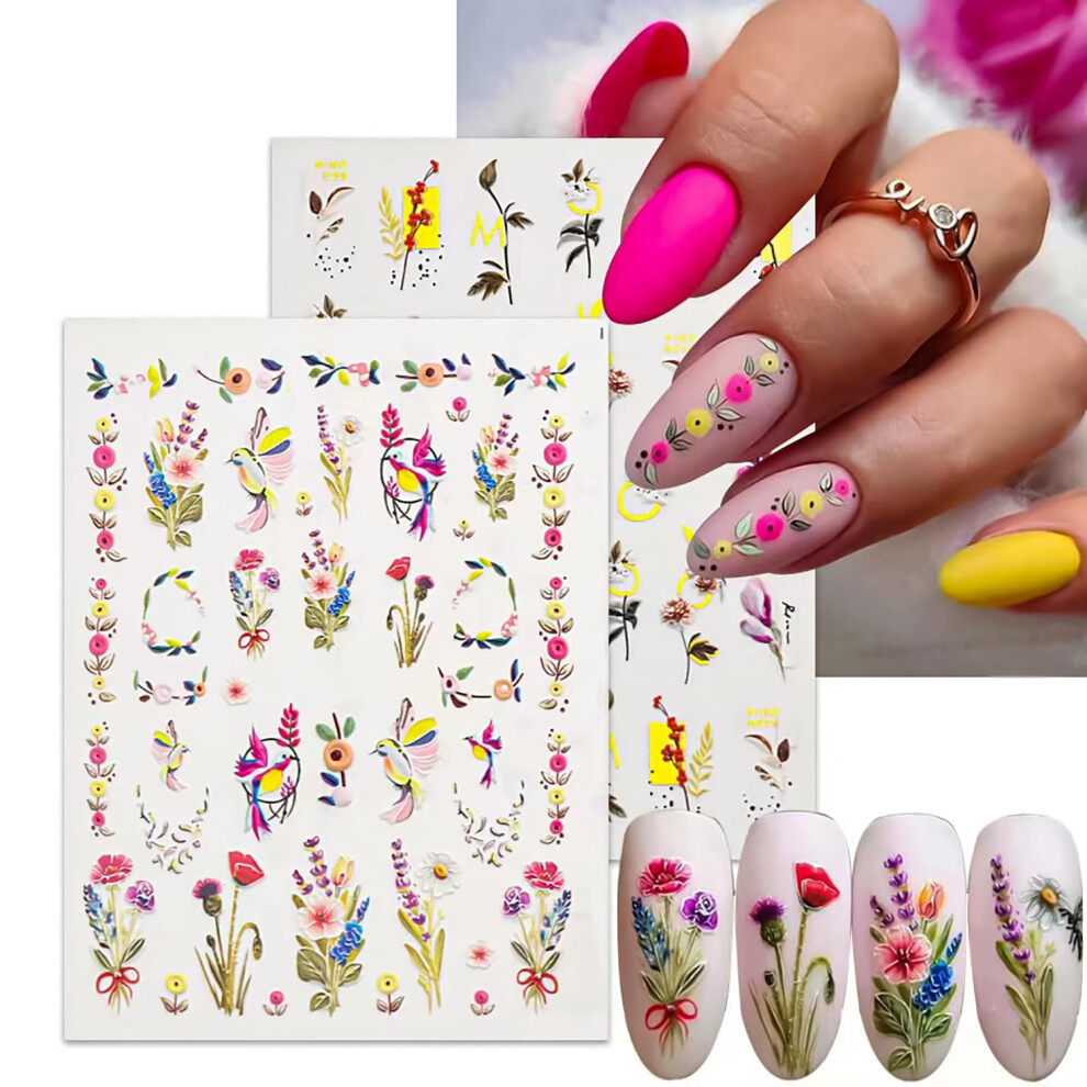 5D Nail Art Stickers Embossed Flowers Butterfly Bird SelfAdhesive Decals for DIY Manicure