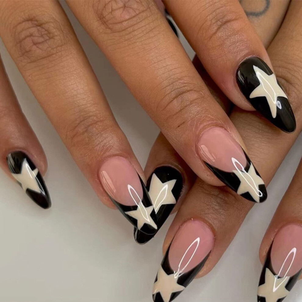 Black Almond Press On Nails With Star Designs, Medium French Tip Fake Nails, Glossy Reusable Set