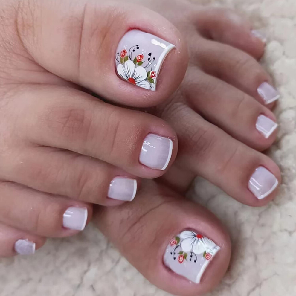 24 Pcs Glossy Reusable False Toenails Set with Glue, Press On Toenails with Flower Designs for Women