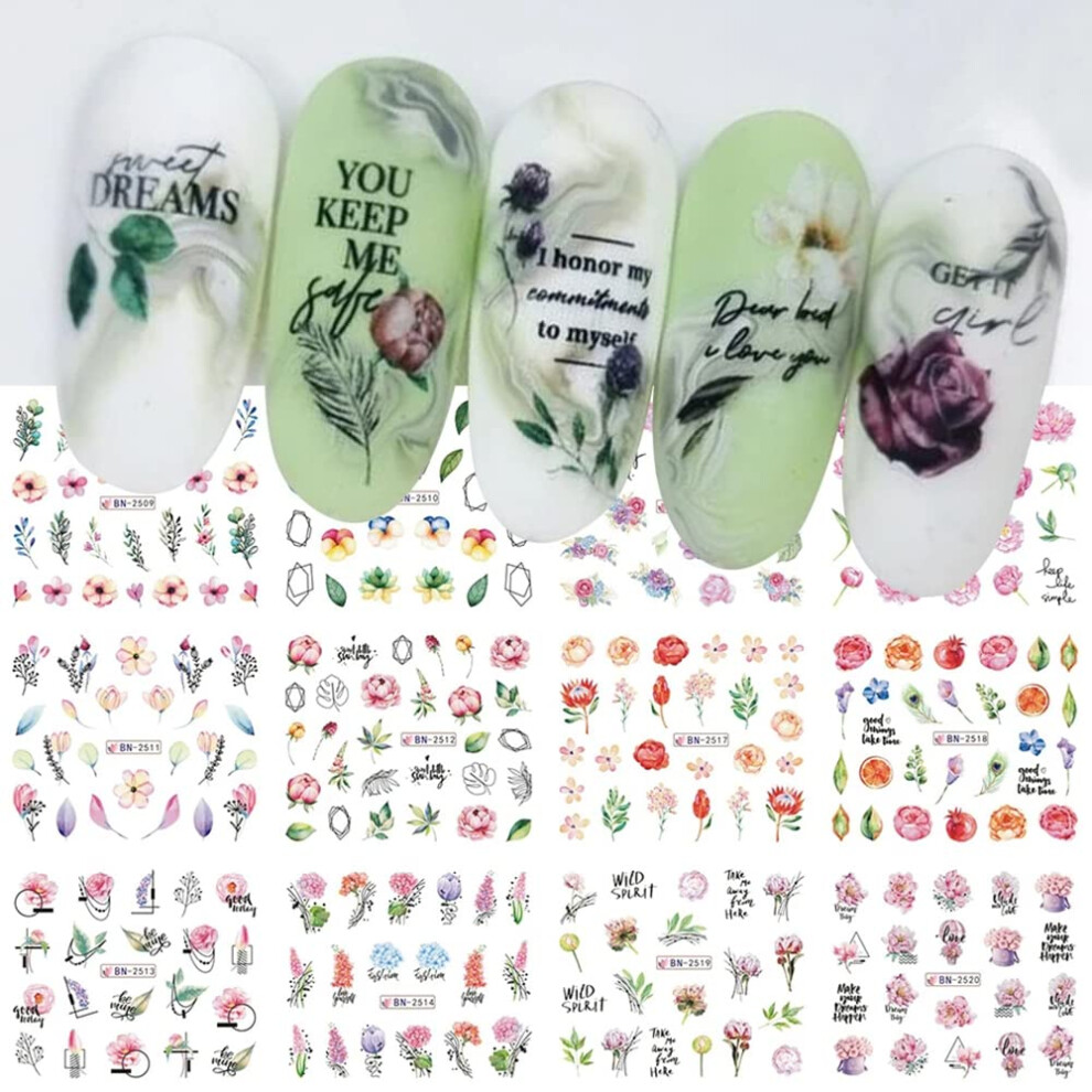 12PCS Floral Nail Art Water Transfer Decals Mixed Blossom and Leaf Stickers for Spring Manicure