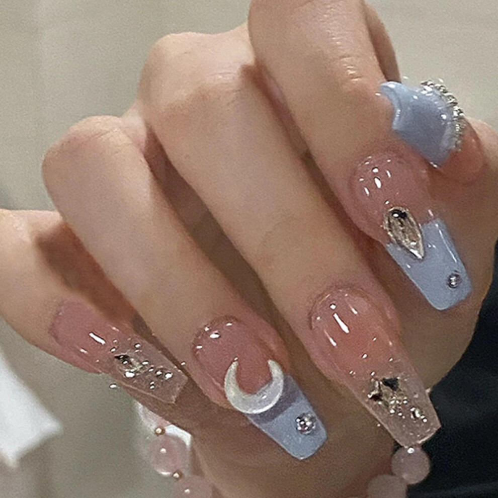 Glue On Fake Nails Set 24pcs Sea Salt Light Blue Medium Long Instant Salon Look