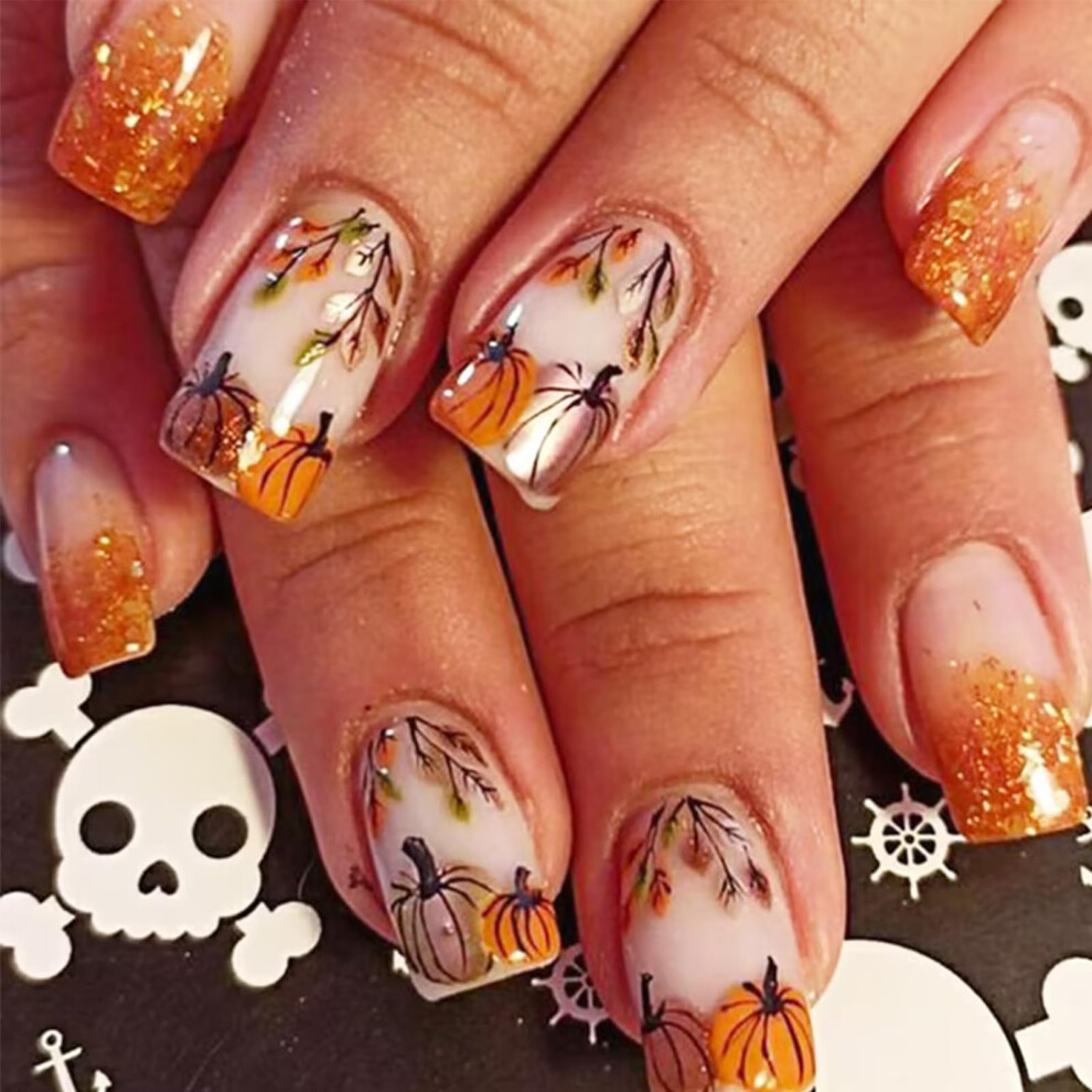 Gold Fall Press On Nails Short Square Glitter Pumpkin Fake Nails With Maple Leaf Design 24Pcs