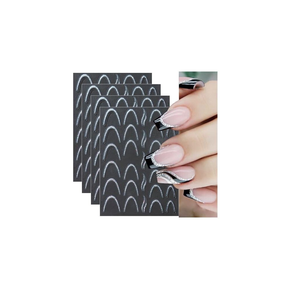 4 Sheets Silver French Tip Nail Art Stickers, 3D SelfAdhesive Glitter Decals for DIY Nails