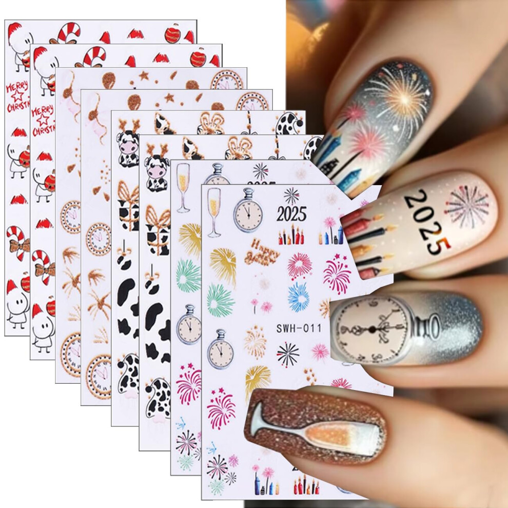 8 Sheets Christmas Nail Art Stickers with SelfAdhesive Glitter Finish, Festive Holiday Nail Decals for Winter Xmas and  Year