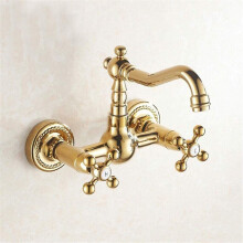 Polished Bathroom Basin Faucet Wall Mounted Mixer Tap Brass Construction Gold Finish Short Design