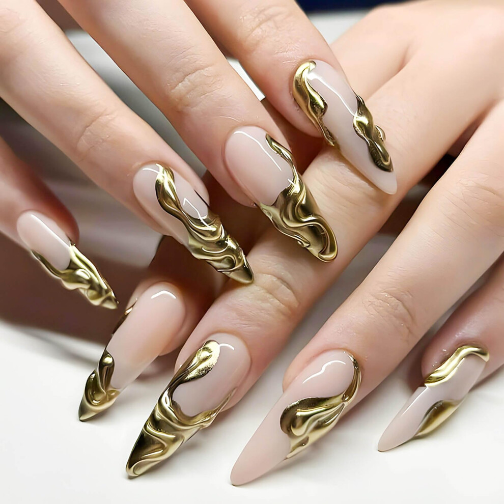 Gold Long Stiletto French Tip Press On Nails With 3D Leaf Accents, 24Piece Glue On Set