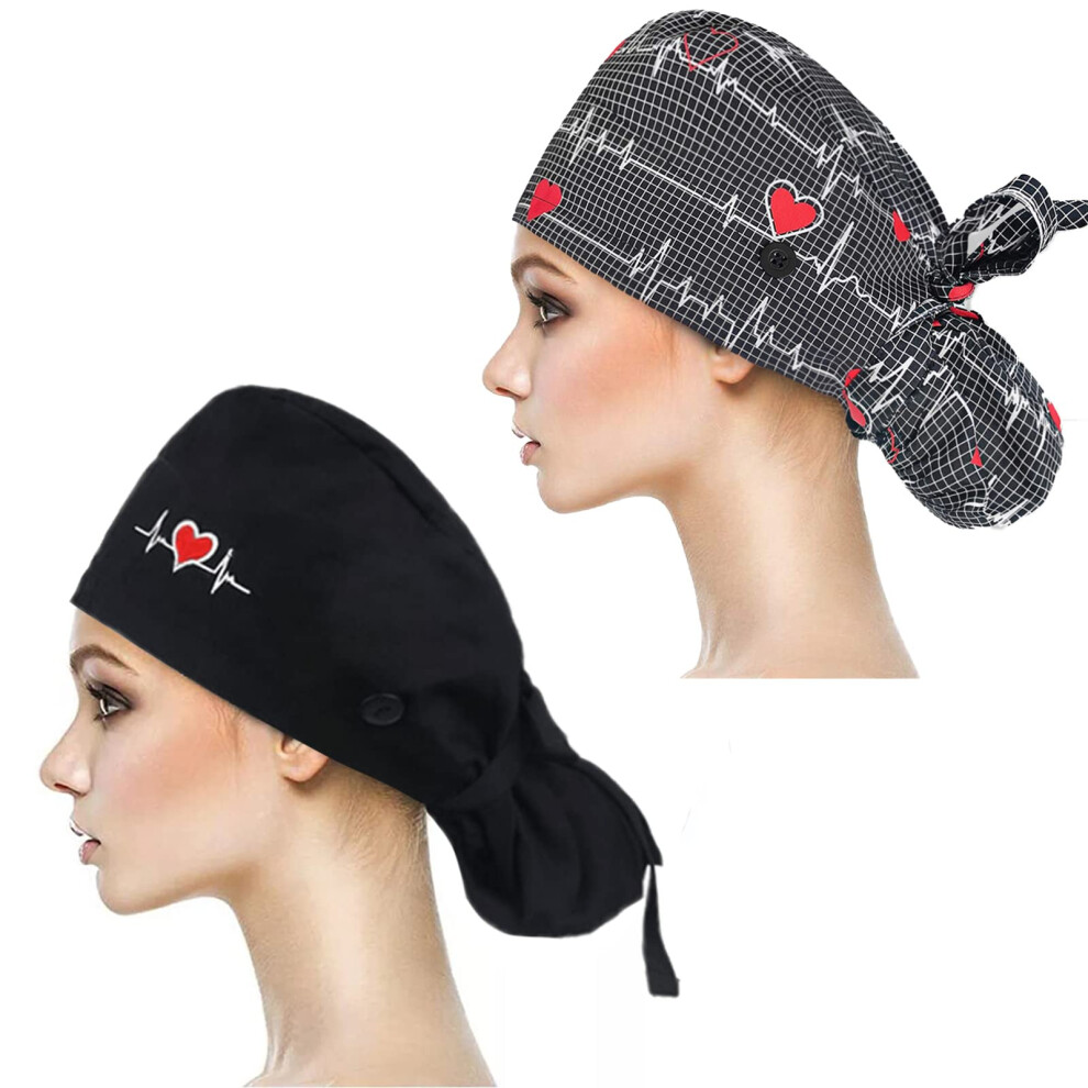 2 Pack Cotton Scrub Cap With Buttons And Sweatband, Adjustable Ponytail Pouch For Long Hair, Black 9164114372222
