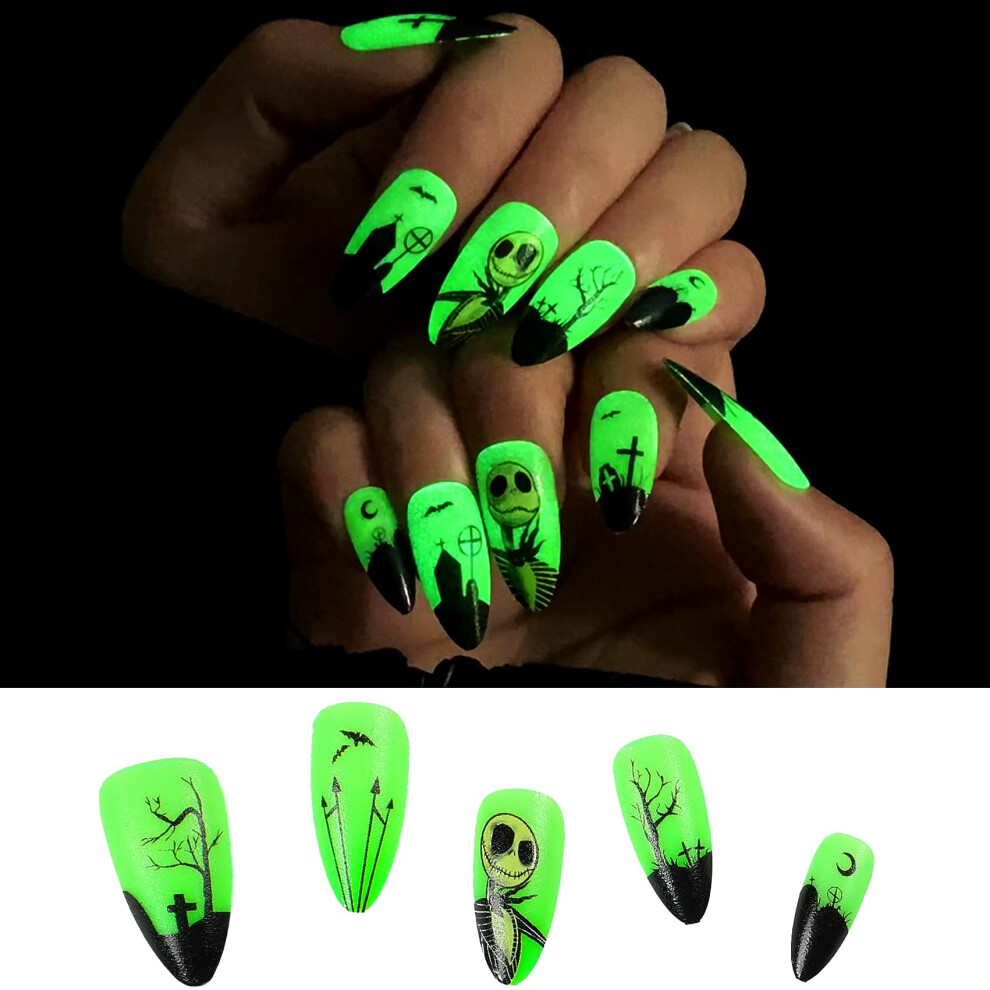 Dark Halloween Press On Nails Set Glow In The Medium Almond 24Pcs With Adhesive Tabs Reusable