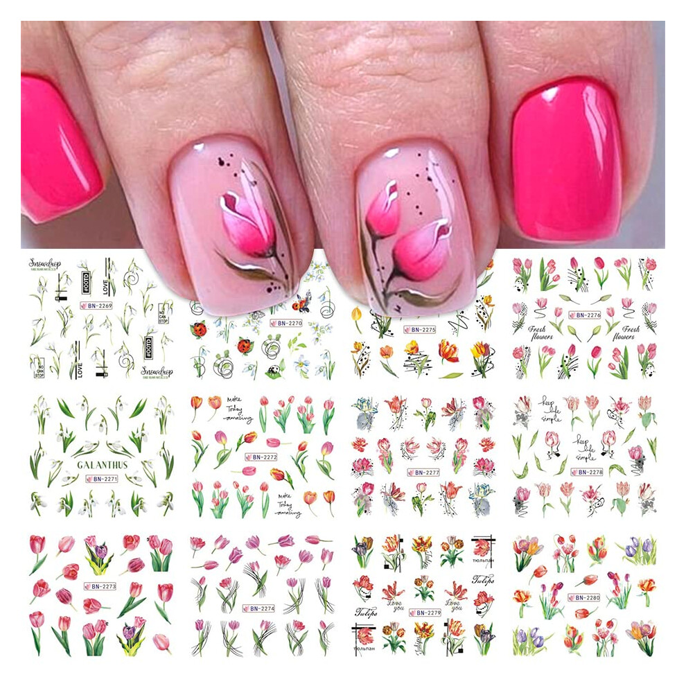 Nail Art Stickers 12 Sheets 5D Floral Water Transfer Tulip Daisy Decals for Spring Summer Manicure