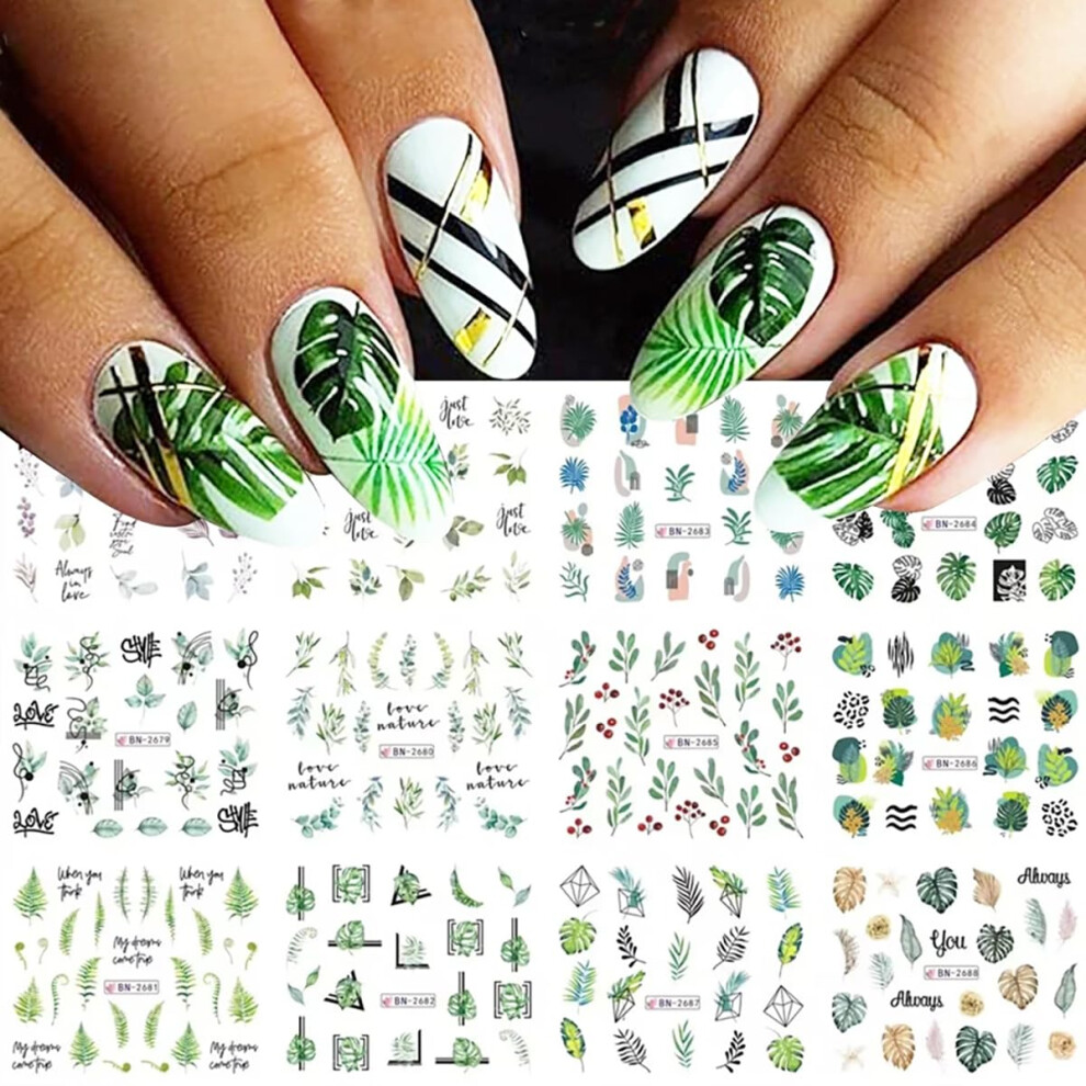 Green 12 Sheets Leaf Nail Art Stickers Waterproof Water Transfer Nail Decals For Summer Manicure