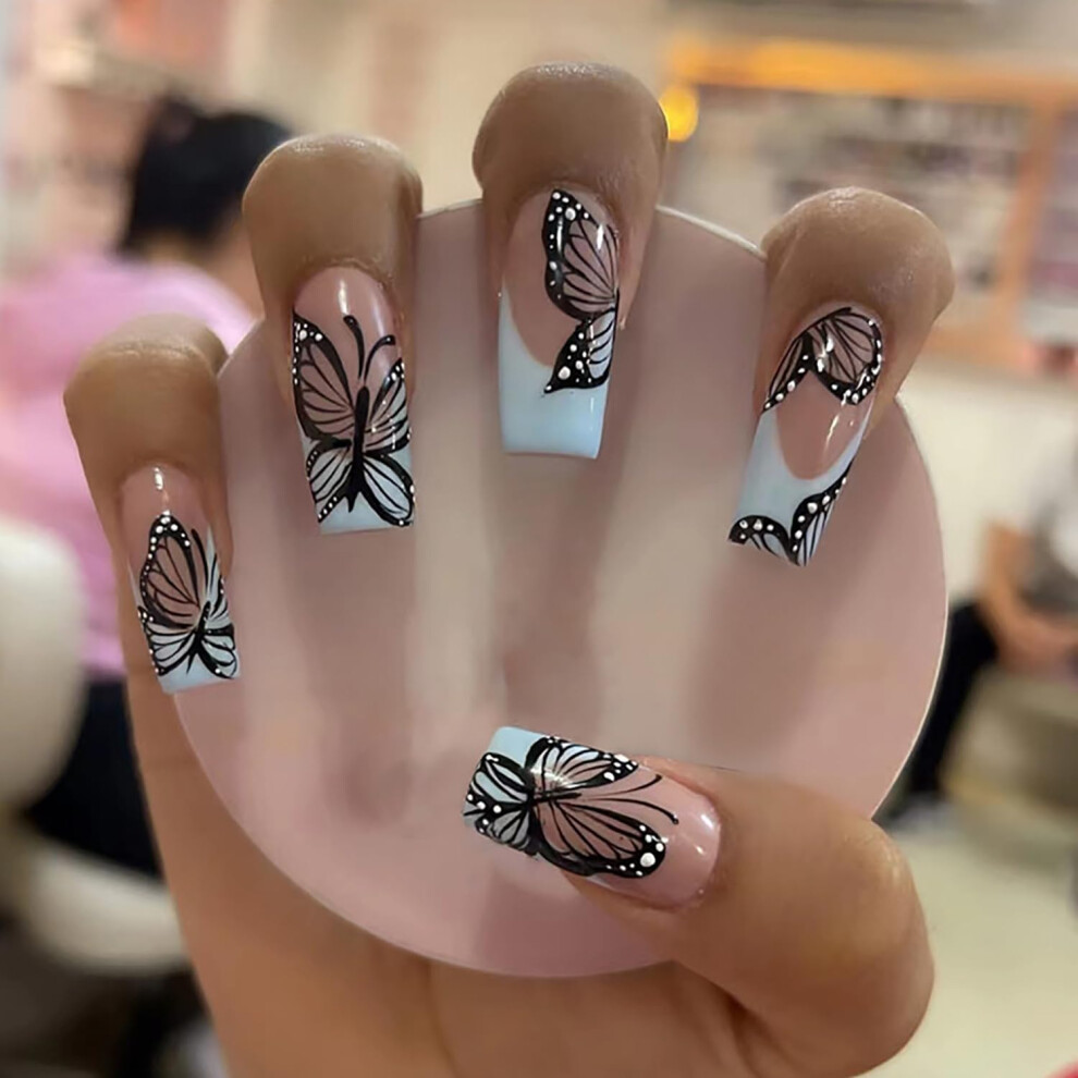 Square Medium Black Butterfly Press on Nails Coffin Nude with Glue, 24pcs Reusable Fake Nails Set