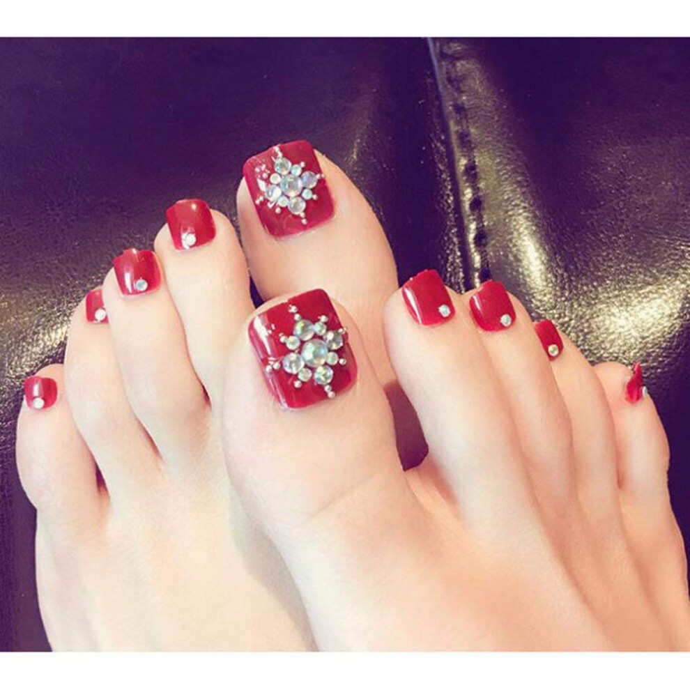 Red Rhinestone False Toenails With Glue, 24Pcs Square Press On Toenails For Women Instant Manicure